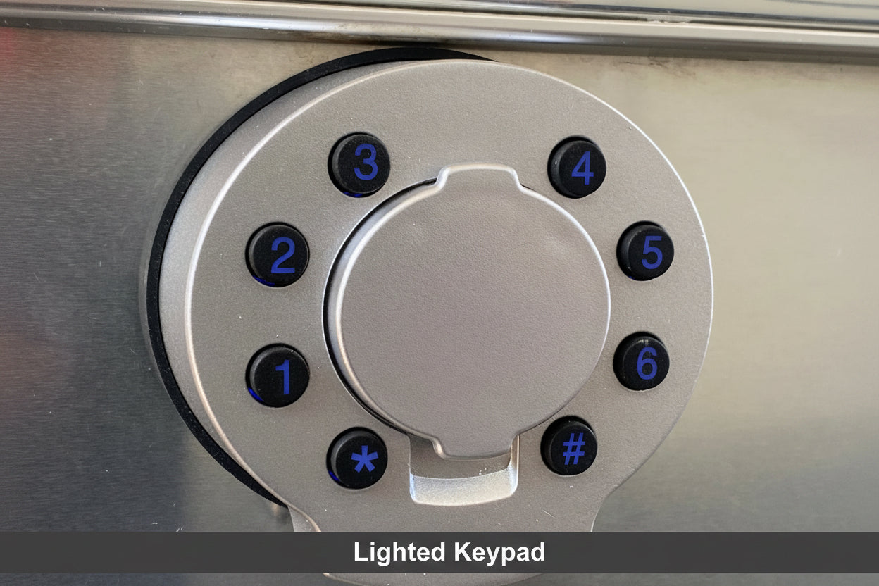 Metallic keypad with number and symbol buttons on a metallic surface