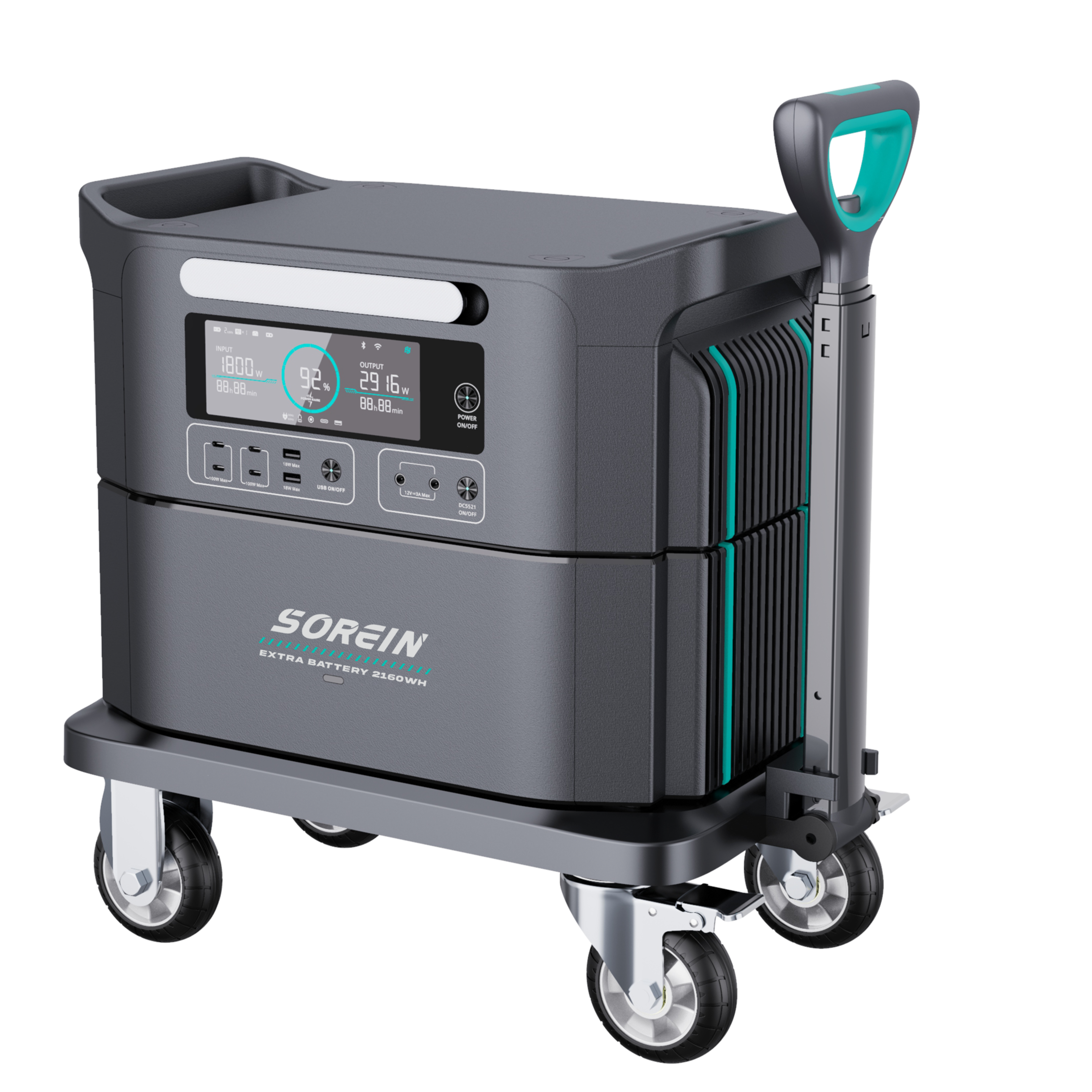 Portable power station with wheels and digital display on a white background