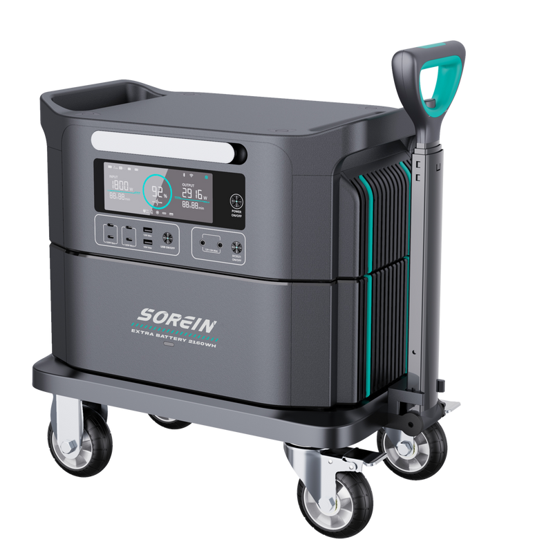 Portable power station with wheels and digital display on a white background